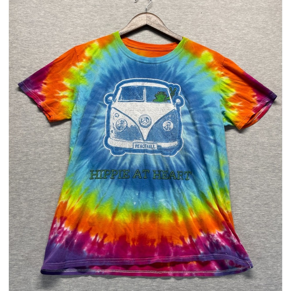 Peace Frogs Hippie At Heart T Shirt Mens Medium Multicolor Tie Dye Graphic Print